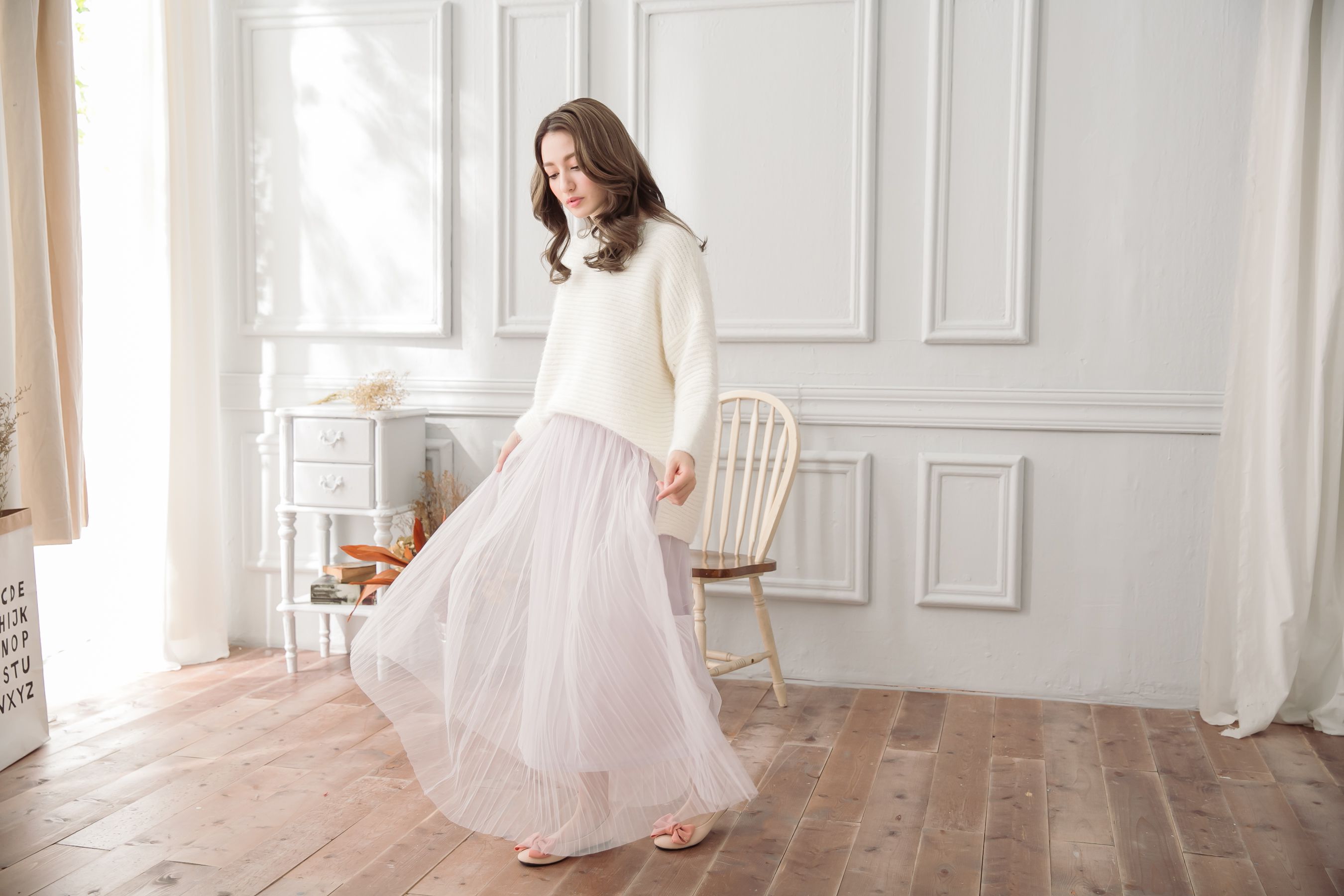 Peachy - 獨家訂製綿柔優雅綁帶百褶紗裙-綁帶百褶版-淺芋灰 (F)