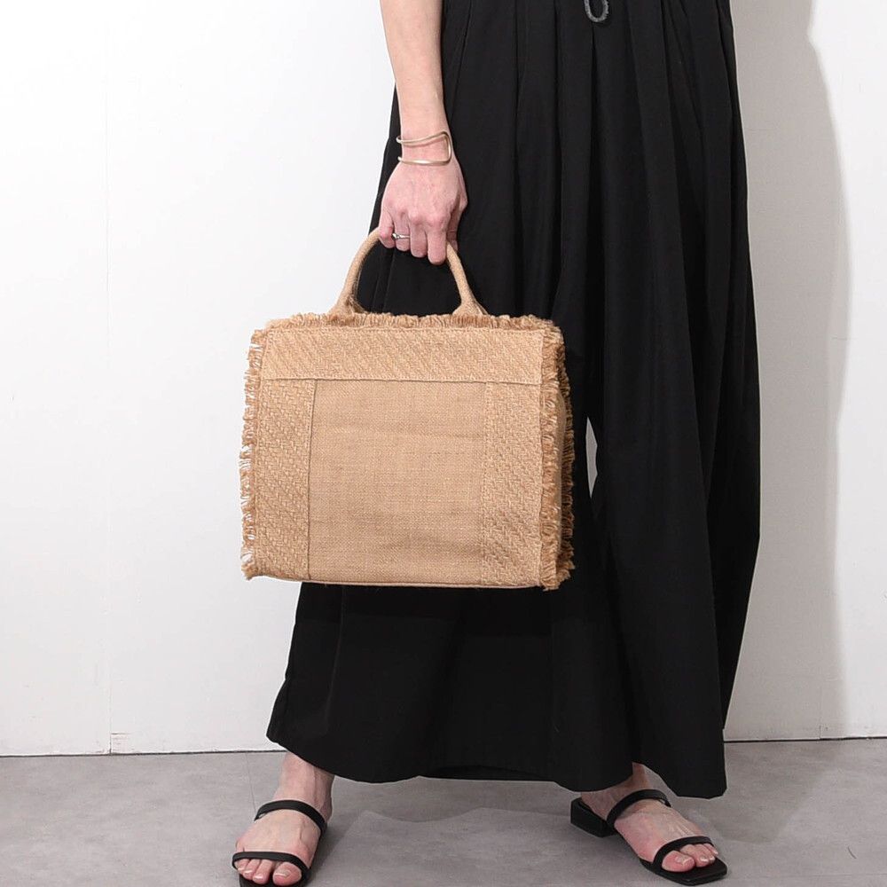 日本 COOCO - 棉麻流蘇大容量方型手提包-焦糖 (30x26x12cm)