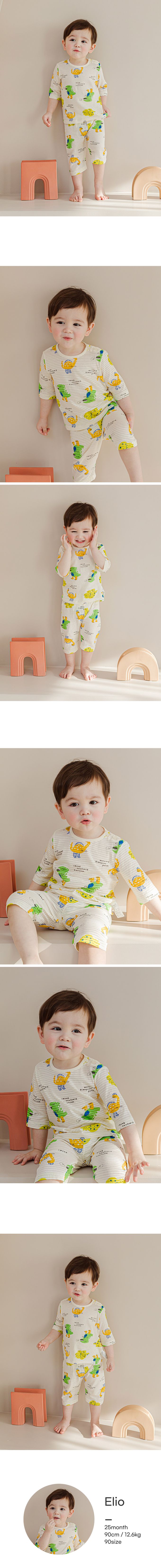 韓國 Cordi-i - 無螢光棉透氣緹花七分袖家居服-恐龍世界-米