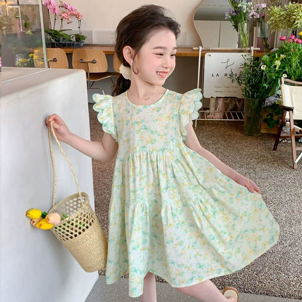 甜心碎花純棉小飛袖洋裝-綠色