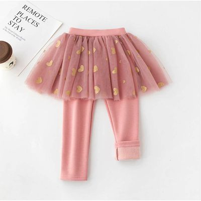 FANMOU - 加絨紗裙內搭褲-閃亮愛心-粉色