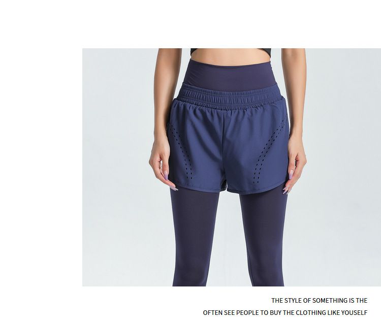 大碼高腰收腹假兩件防走光瑜珈褲-黑色