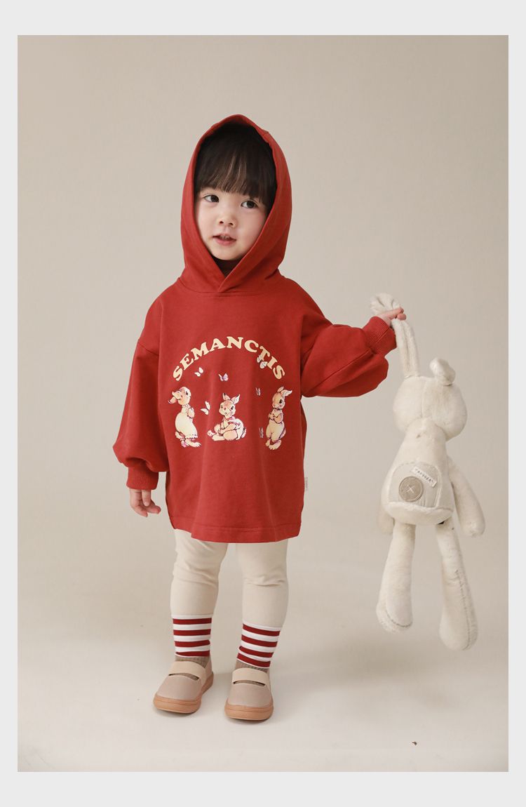 連帽寬鬆長袖帽T-可愛兔兔-紅色