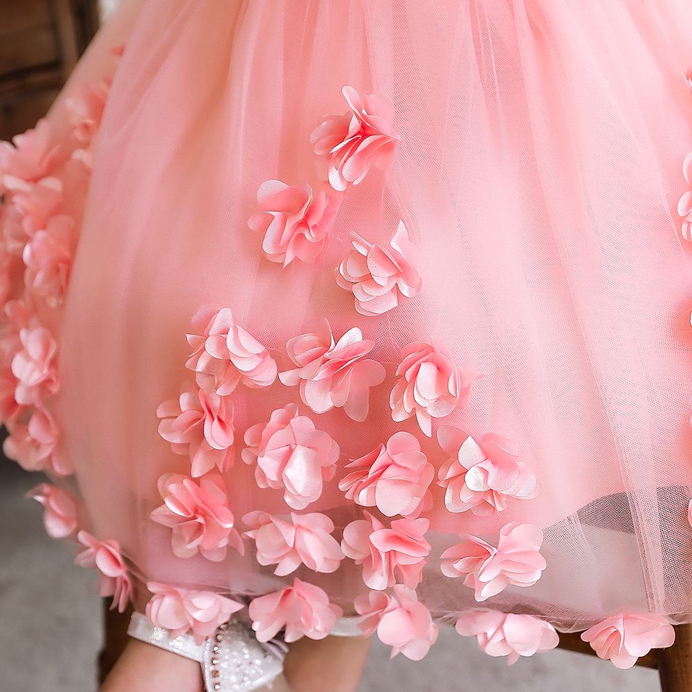 刺繡蕾絲網紗公主裙-立體花花-粉色