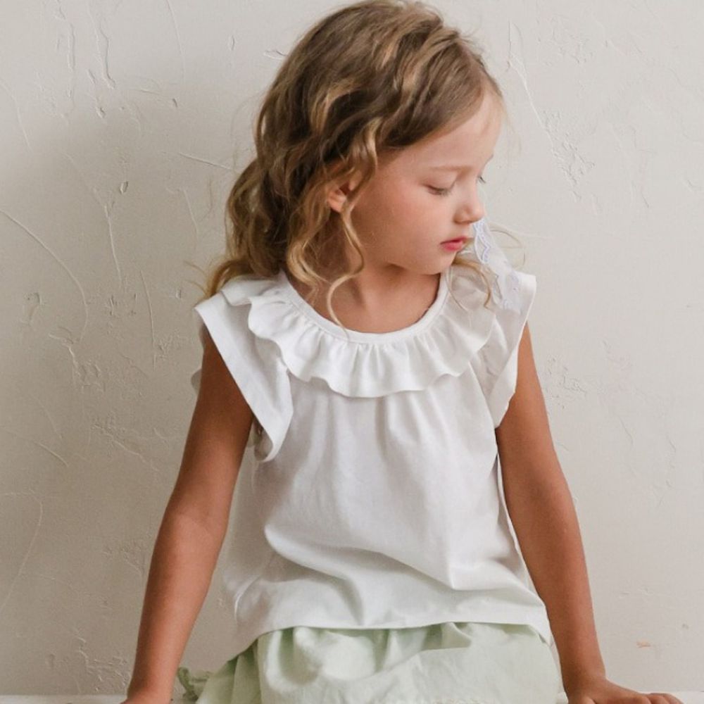 Puellaflo 清甜荷葉領純棉飛飛袖上衣-白