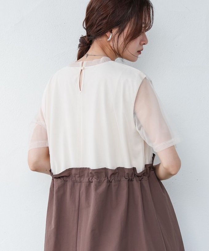 日本 Bab - 拼接層次感抽繩薄紗短袖洋裝-白x炭灰