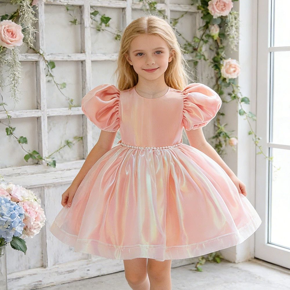 幻彩霓虹珍珠腰飾澎袖禮服-粉色