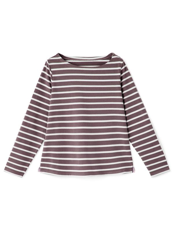 日本 GRL - 顯瘦剪裁圓領薄長袖上衣-條紋-粉紫x白 (F)