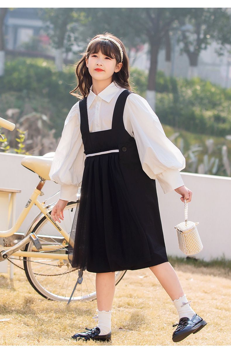 泡泡袖襯衫吊帶裙套裝-黑+白
