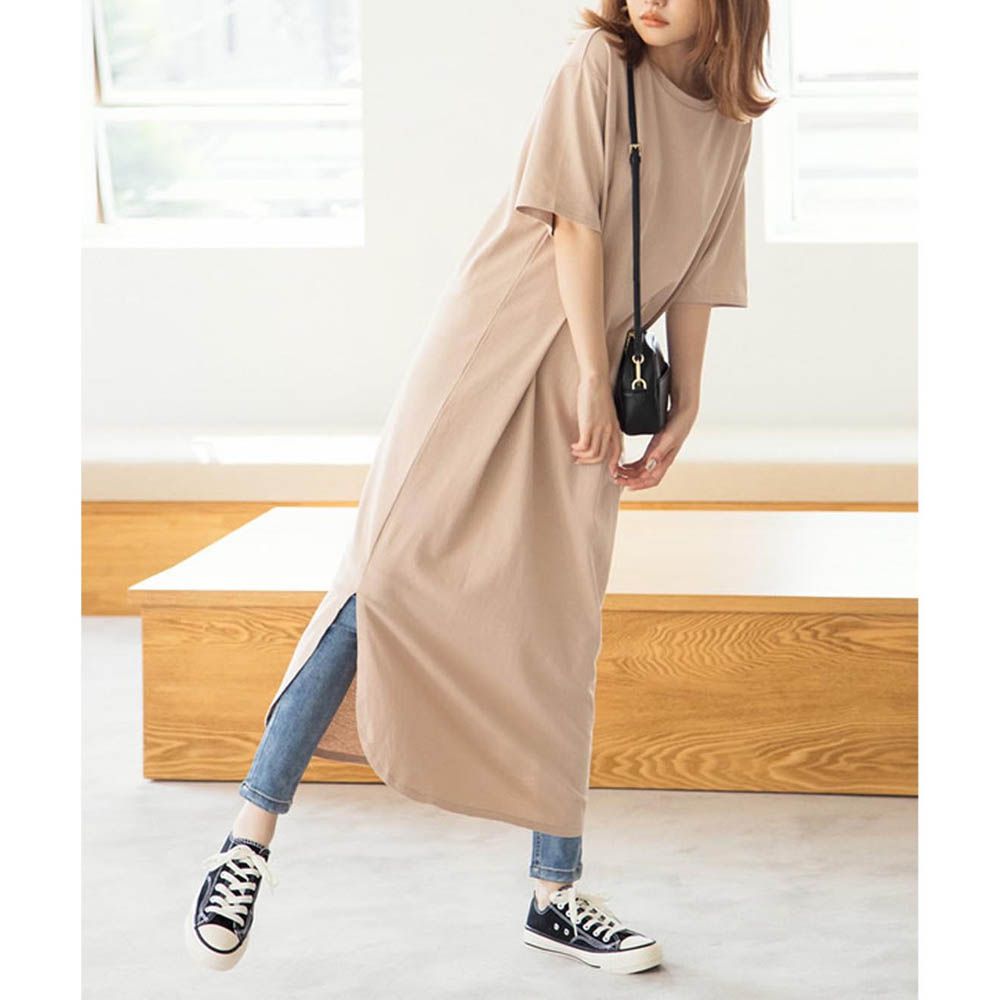 純棉透氣百搭圓弧開叉短袖洋裝-淺卡其 (F)