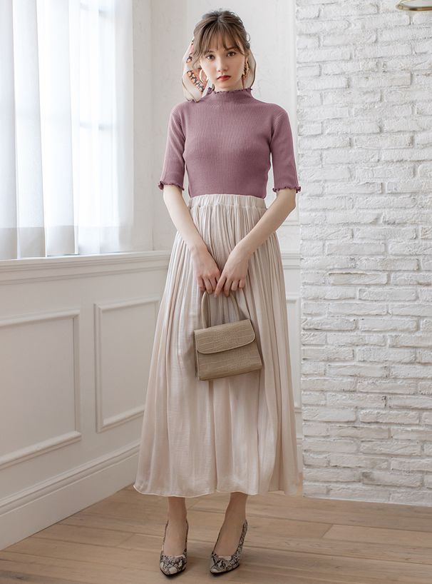 日本 GRL - 木耳邊小高領羅紋五分袖上衣-黑