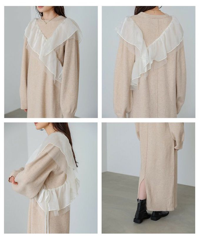 日本 Bab - 交叉薄紗荷葉柔美針織長袖洋裝-黑