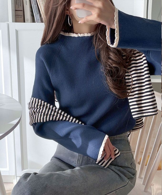 日本 Classical Elf - 羅紋針織典雅滾邊長袖上衣-海軍藍