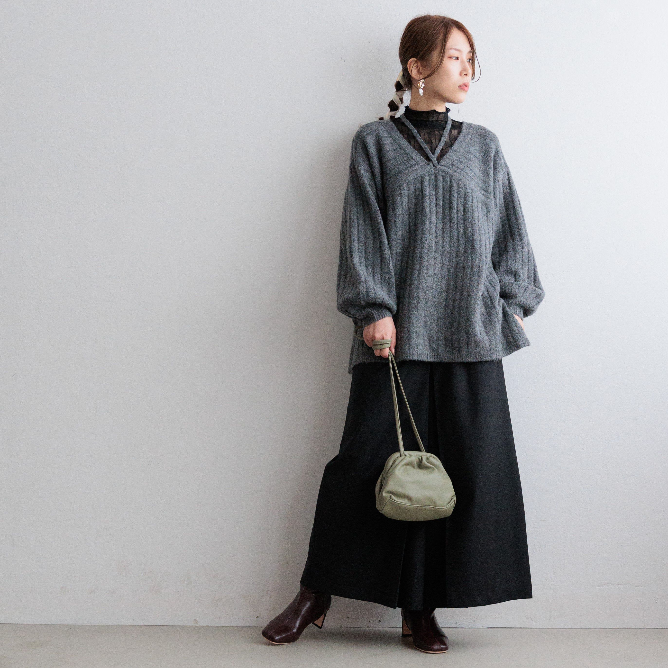 日本 ihuu - 特色綁帶V領針織毛衣-淺灰