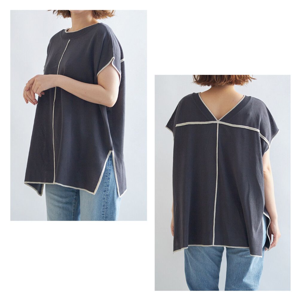 日本 Rejoule - 2way撞色線條針織短袖上衣-灰 (M(Free size))