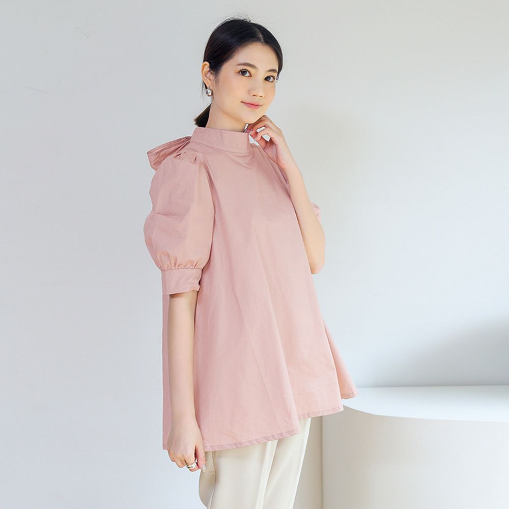 優雅小立領燈籠袖上衣-蝴蝶結-粉紅色 (F)