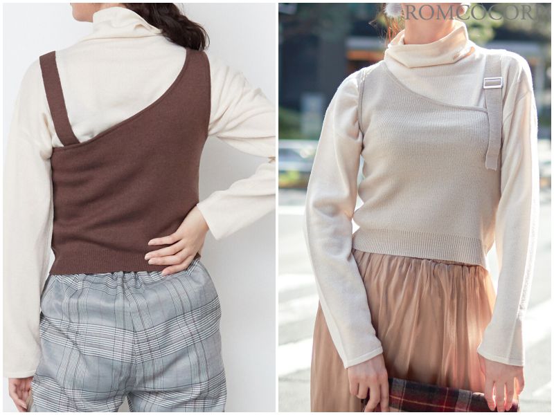 日本女裝代購 - 斜肩背心X套頭長T兩件組-黑 (M(Free size))