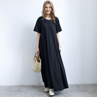 Yukié - 3D立體剪裁顯瘦短袖長洋裝-黑色