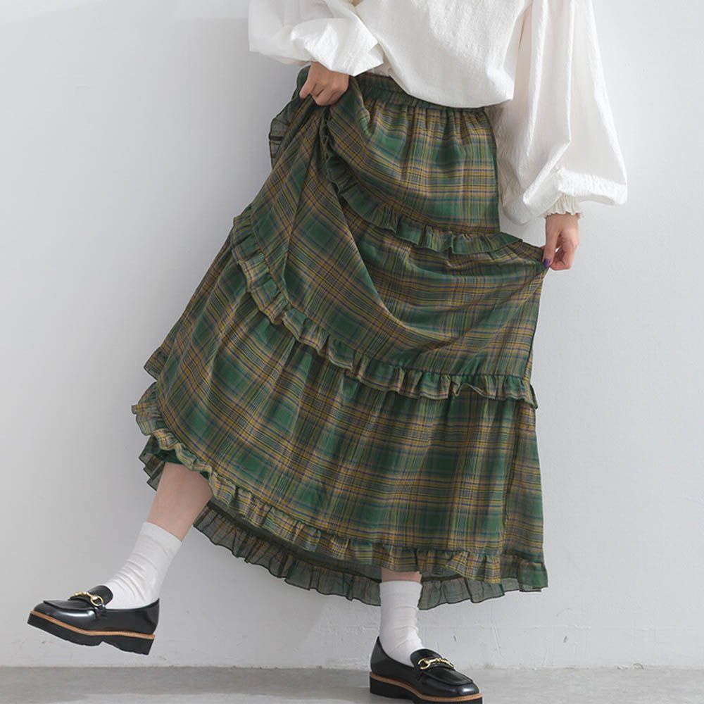 精緻格紋輕盈感分層俏麗長裙-黃綠