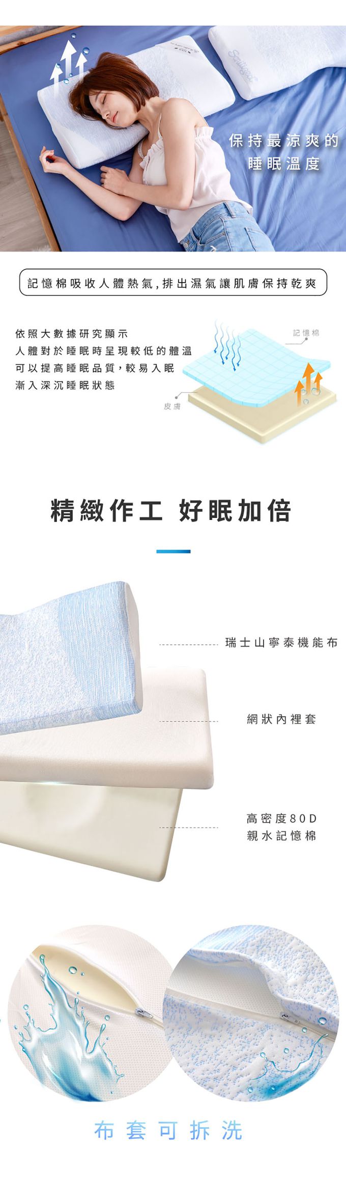 ELVIS 愛菲斯 - 瑞士山寧泰- 涼感親水記憶棉枕 (冰沁藍)