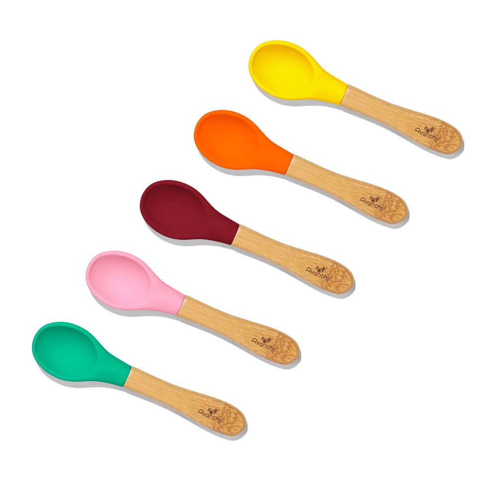 Avanchy - 有機竹製五色矽膠湯匙-短柄-5入組-粉、綠、深紅、橙、黃各一