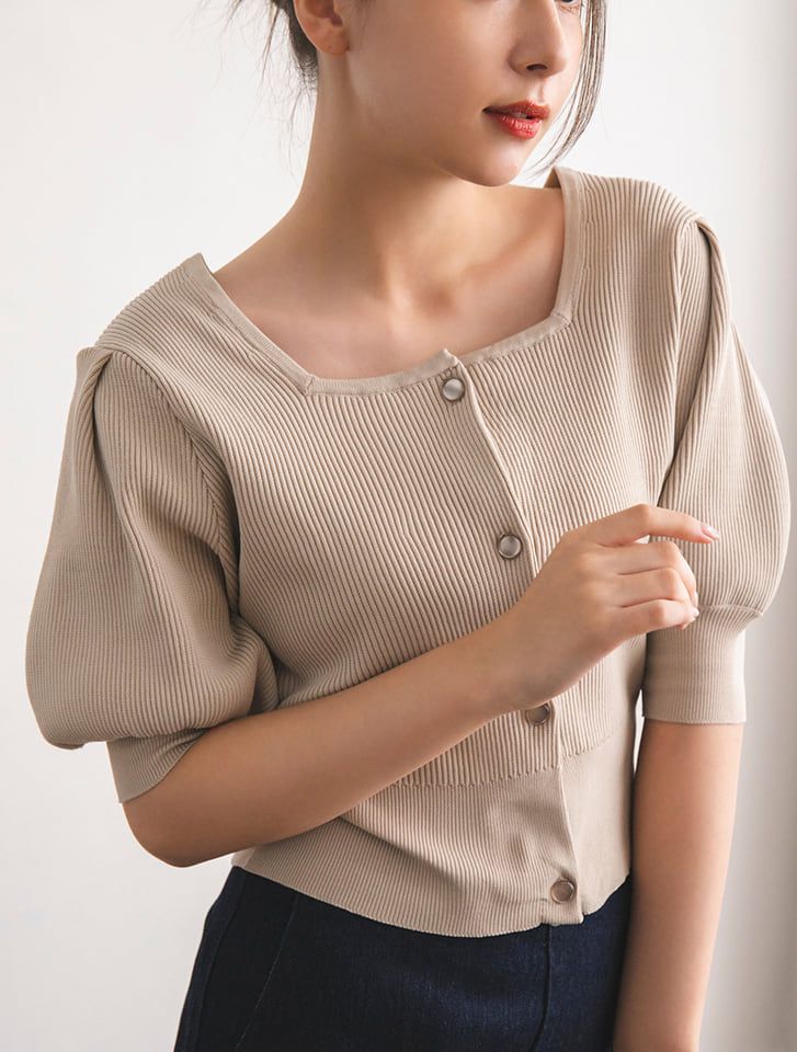 日本 fifth - 方形領顯瘦五分澎袖羅紋上衣-綠