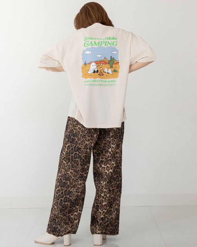 日本 gleam - 俏皮露營幽靈印花寬大風T恤-炭灰