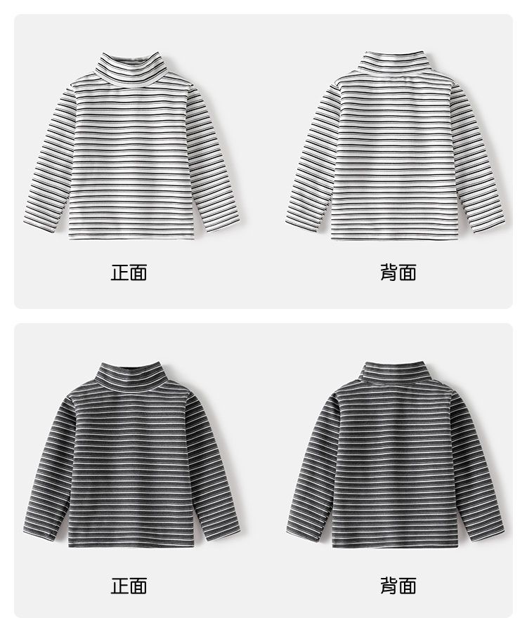 WELLKIDS - 德絨高領條紋長袖上衣/打底衫-黑色