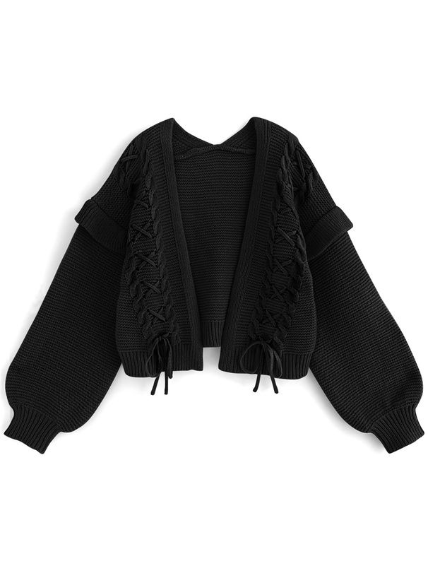 日本 GRL - 甜美交叉綁帶針織外套-黑 (F)