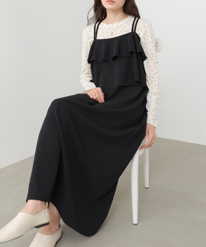 日本 Bab - 優雅綁帶層疊喬其紗細肩帶洋裝-摩卡