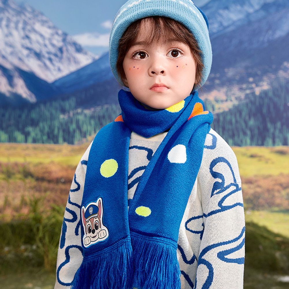 卡通汪汪隊流蘇貼布繡圍巾85x10cm-卡通人物阿奇-藍色