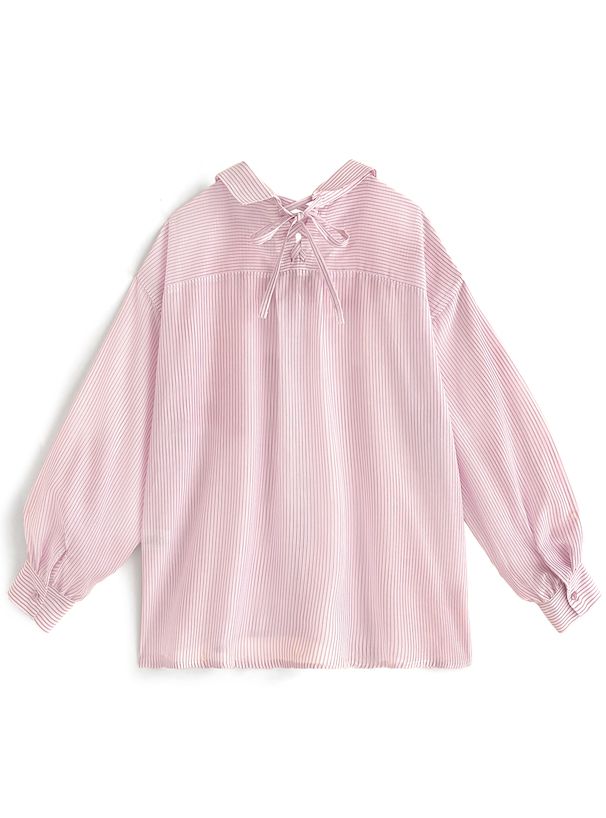 日本 GRL - 可愛後綁帶翻領長袖襯衫-簡約黑 (F)