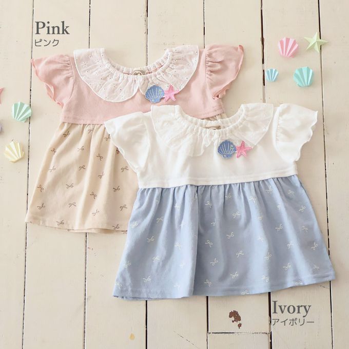 日本 ZOOLAND - 貝殼蕾絲領緹花短袖上衣-蝴蝶結印花-粉紅