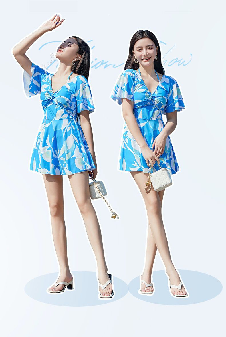 渡假風V領修身顯瘦遮肉連身裙泳衣-藍色