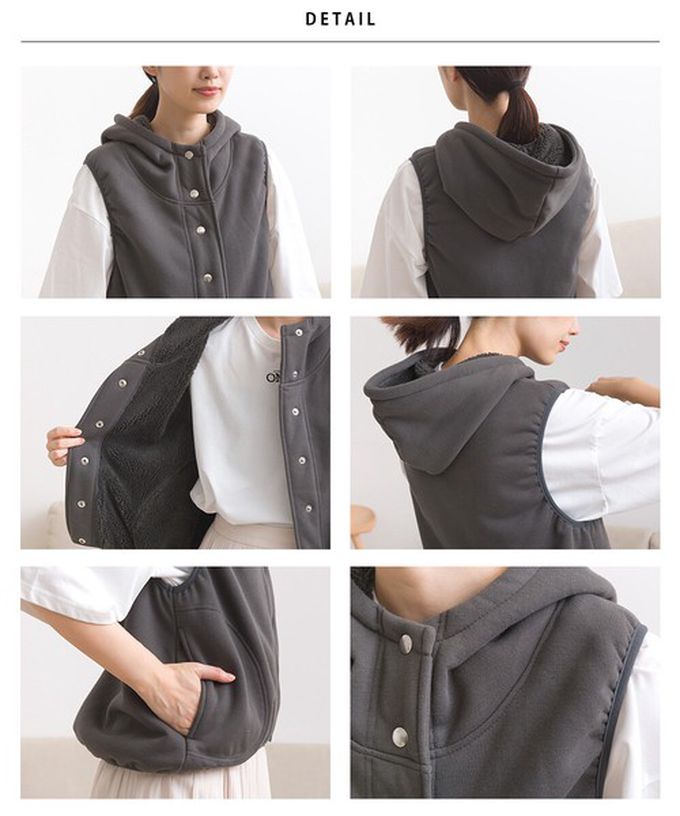 日本 OMNES - 裏起毛保暖短版運動風連帽背心-咖啡