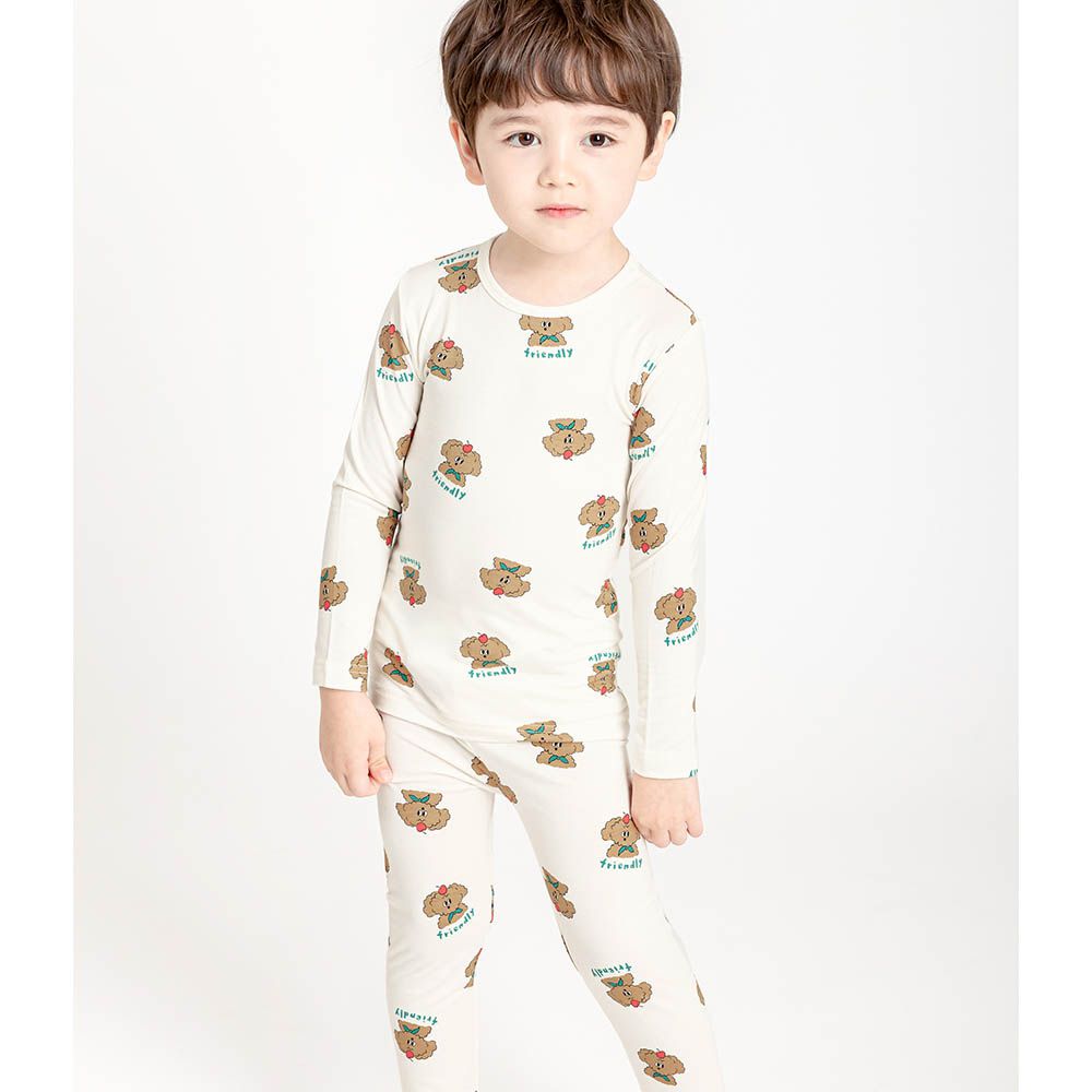 韓製親膚嫘縈彈力長袖家居服-櫻桃狗狗-米