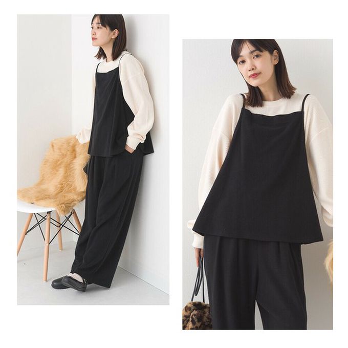 日本 OMNES - 溫柔百搭毛氈感細肩帶2件式套裝-深灰