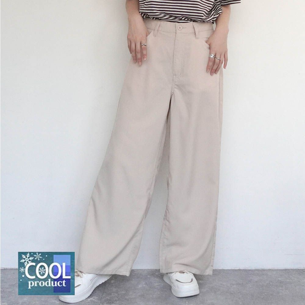 接觸涼感 腳長效果抗皺休閒寬褲-淺米