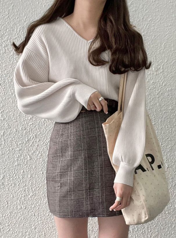 日本 GRL - 修身V領澎袖針織上衣-清新綠 (F)