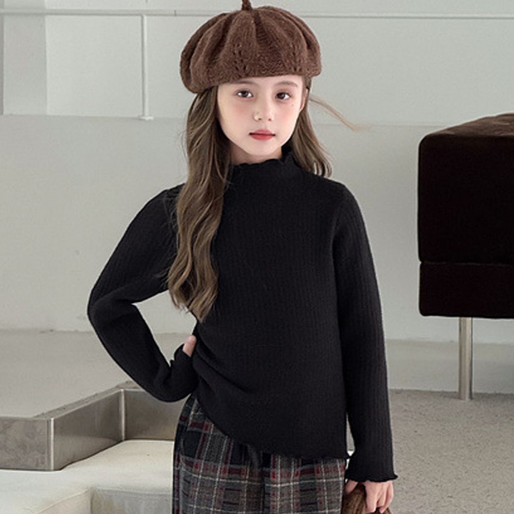 內加絨高彈木耳邊長袖上衣-黑色