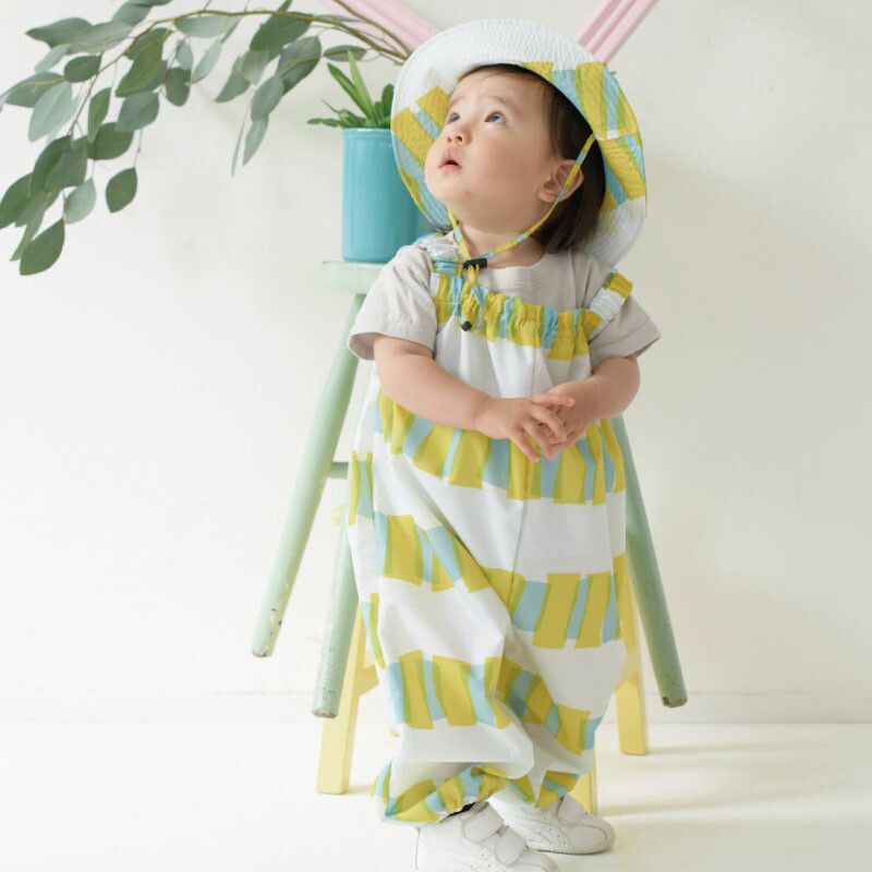 日本代購 - 兒童連身遊戲服/玩沙服(附收納袋)-文青格紋-卡其 (90-100cm)