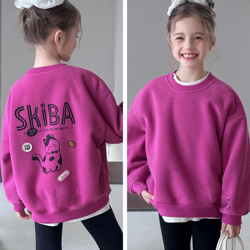 抗靜電暖暖絨長袖上衣-可愛貓咪-莓紅色