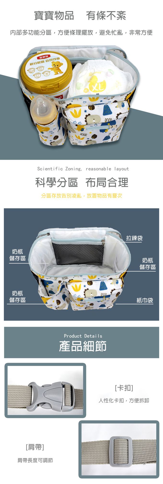 JoyNa - 嬰兒推車置物袋 大容量多分隔/附可拆式背帶-藍色貓頭鷹