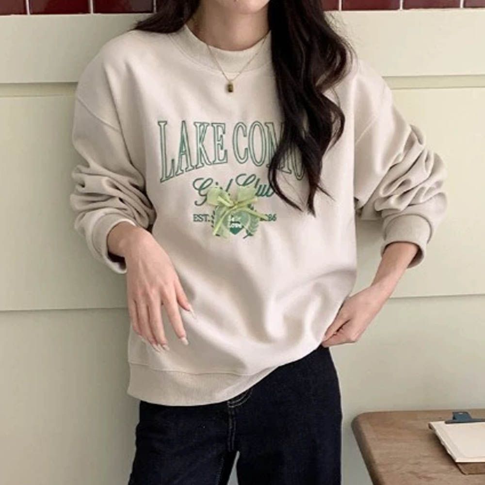 長袖大學T-刺繡字母蝴蝶結-奶茶 (F)