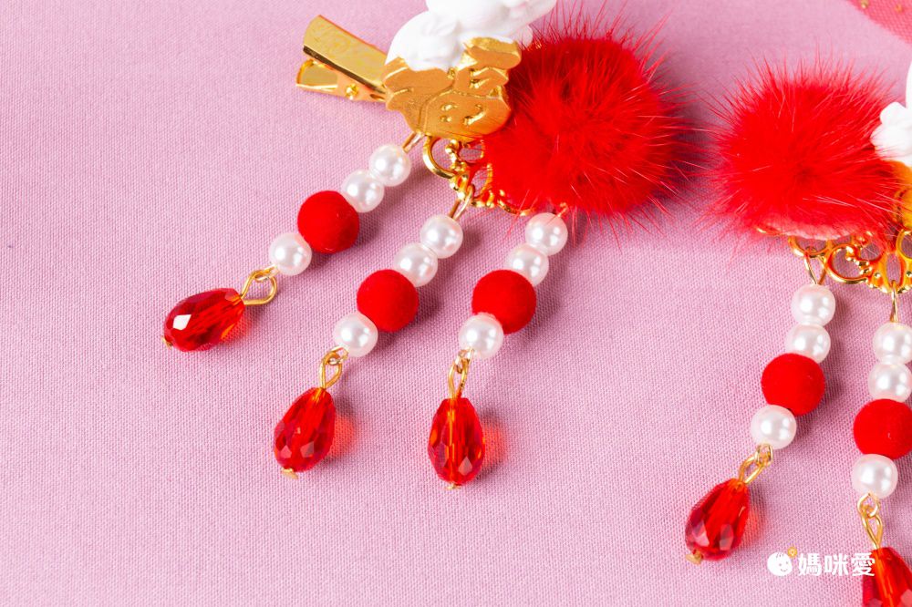 兔年喜氣洋洋拜年兒童髮飾-蝴蝶結+小金兔-紅色