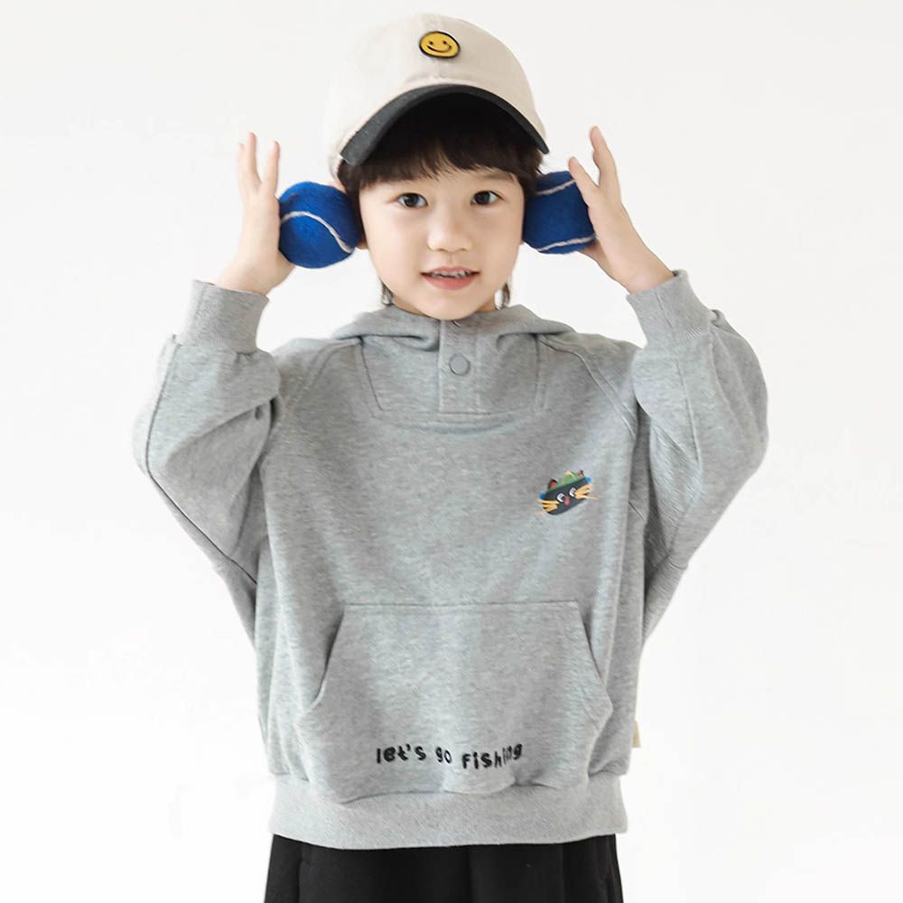 領口開扣連帽長袖上衣-動物印花-灰色