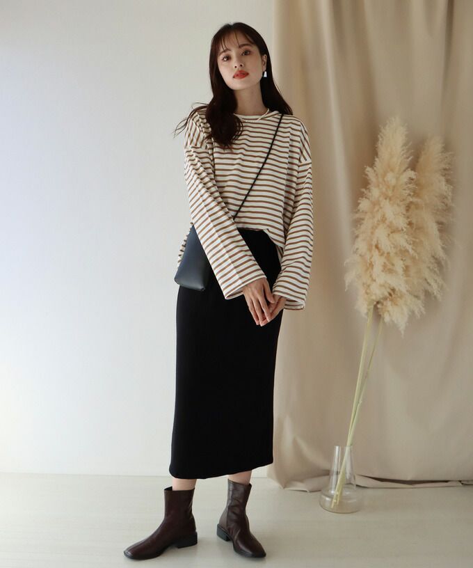 日本 BLUE EAST - 百搭落肩休閒長袖上衣-條紋-軍綠