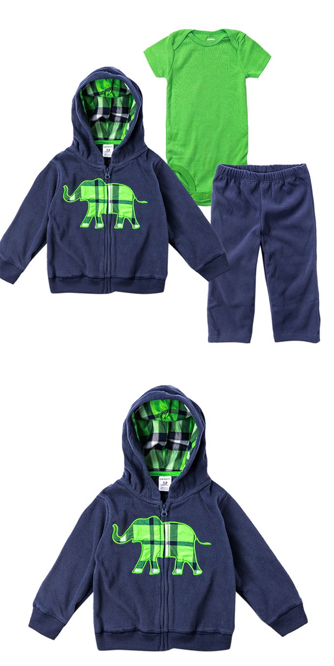 美國 Carter's - 大象貼布連帽外套+短袖包屁衣+長褲3件組