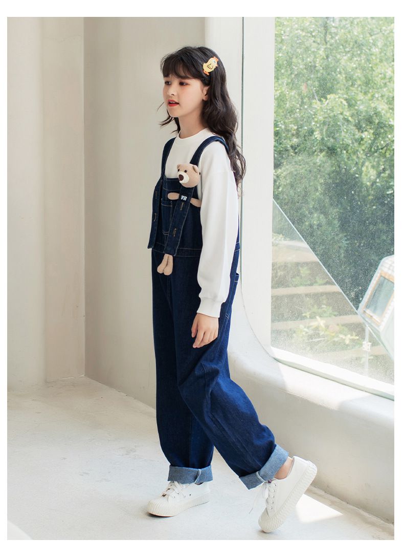 休閒牛仔寬鬆吊帶褲-小熊-綠色