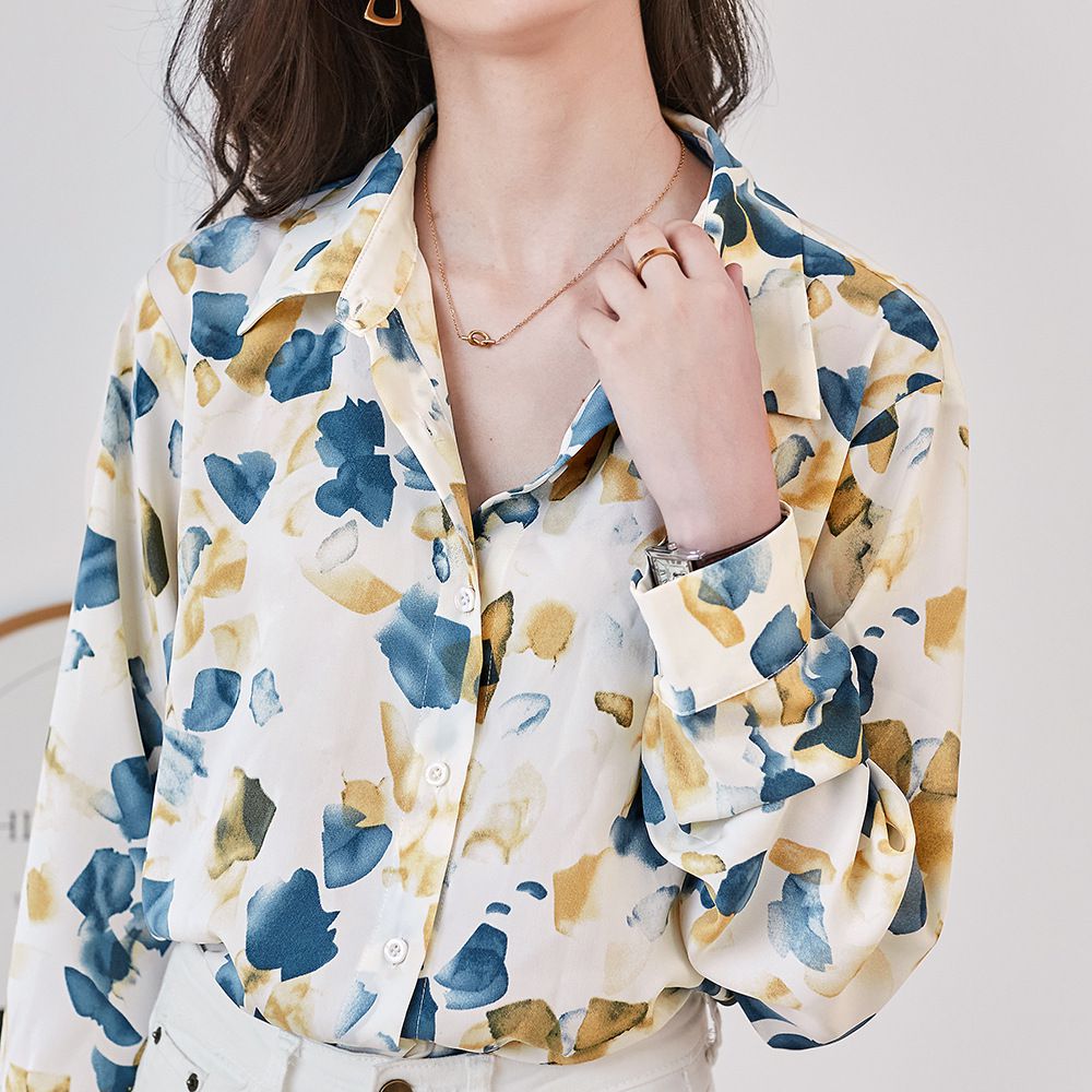 法式水墨印花長袖襯衫-藍色